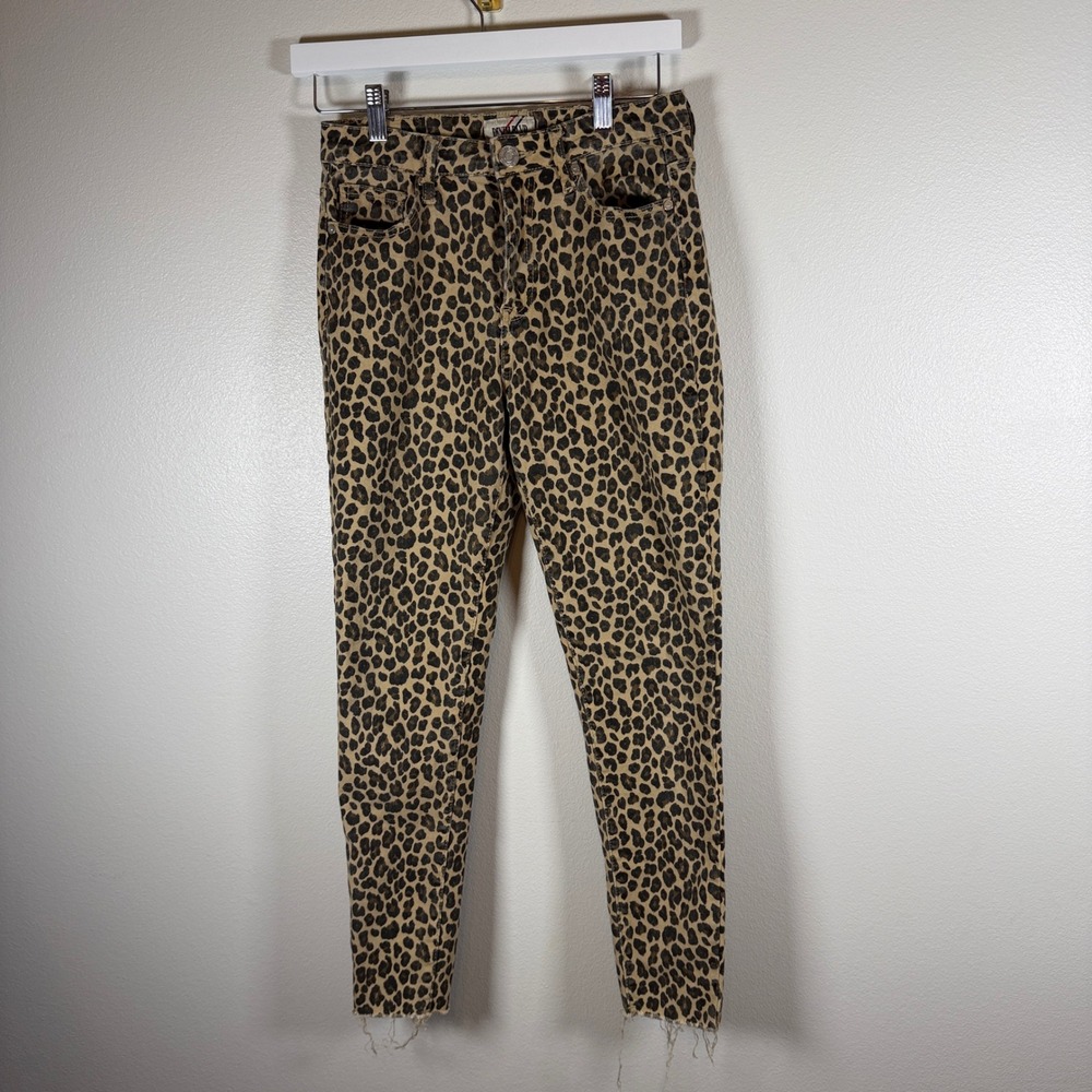Denim Blvd Los Angeles Leopard Print Skinny Jeans Raw‎ Hem Tan Black Size 7